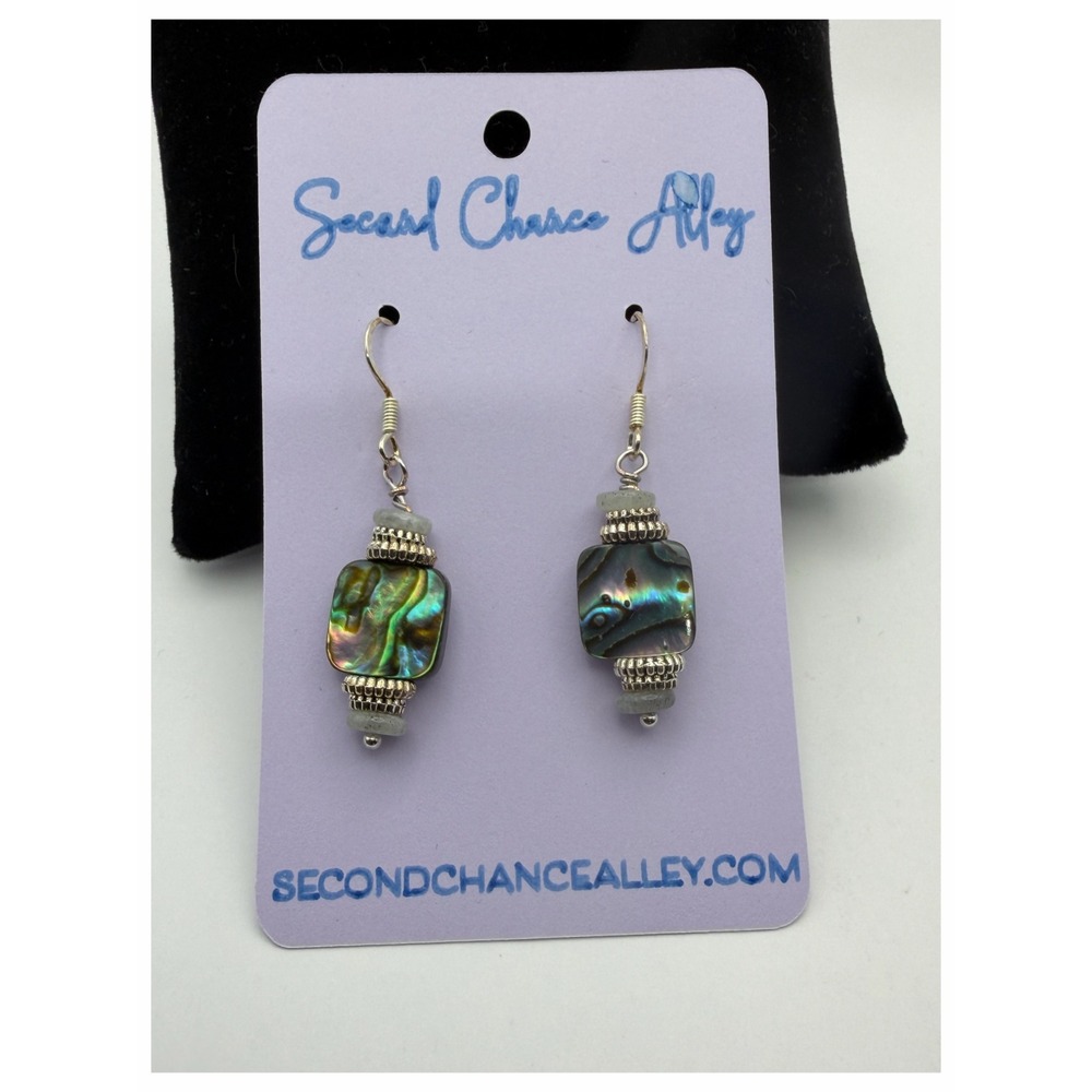 Abalone Shell Square Dangle Earrings Silver Tone Boho Drop 2"